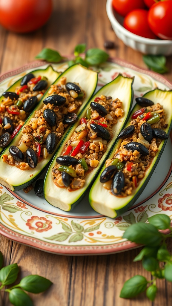 Zucchini boats filled with olive tapenade, topped with black olives, served on a decorative plate.