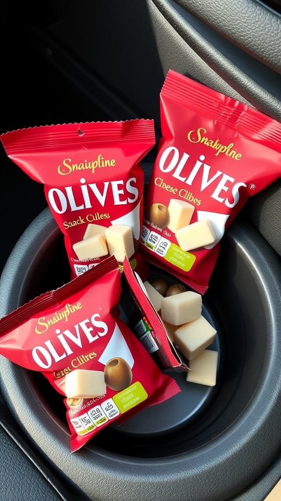 Olives and cheese snack packs in a car cup holder.