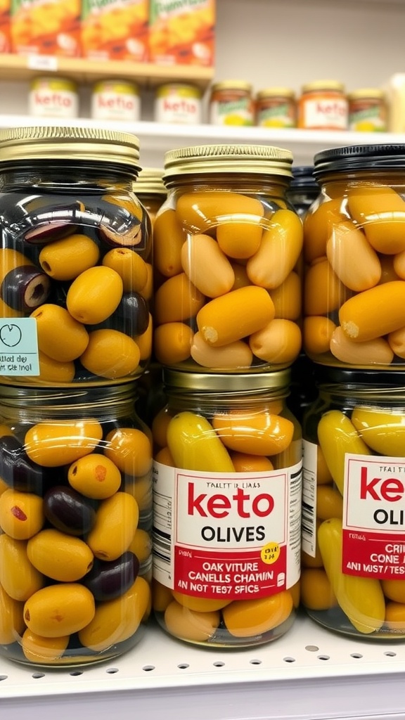 Jars of keto olives in a store