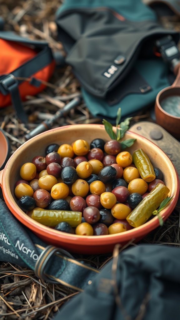 A medley of colorful olives and pickles in a bowl, surrounded by camping gear.