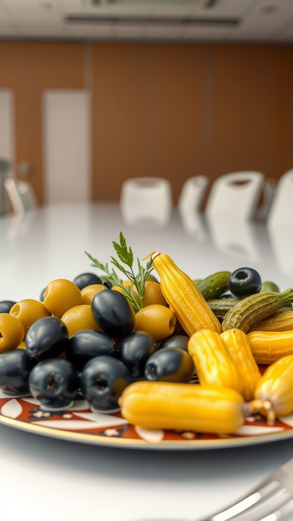 A colorful platter of olives and pickles on a table.