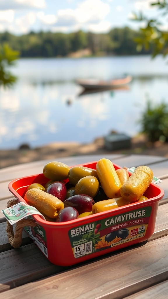 A snack pack filled with various olives and pickles beside a serene lake.