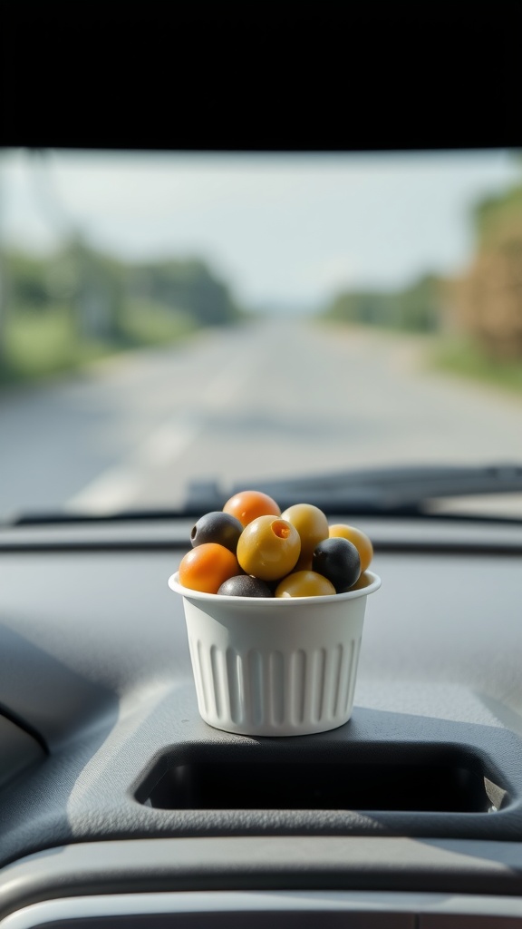 A cup of assorted olives sitting on the dashboard of a car with a blurred road in the background.