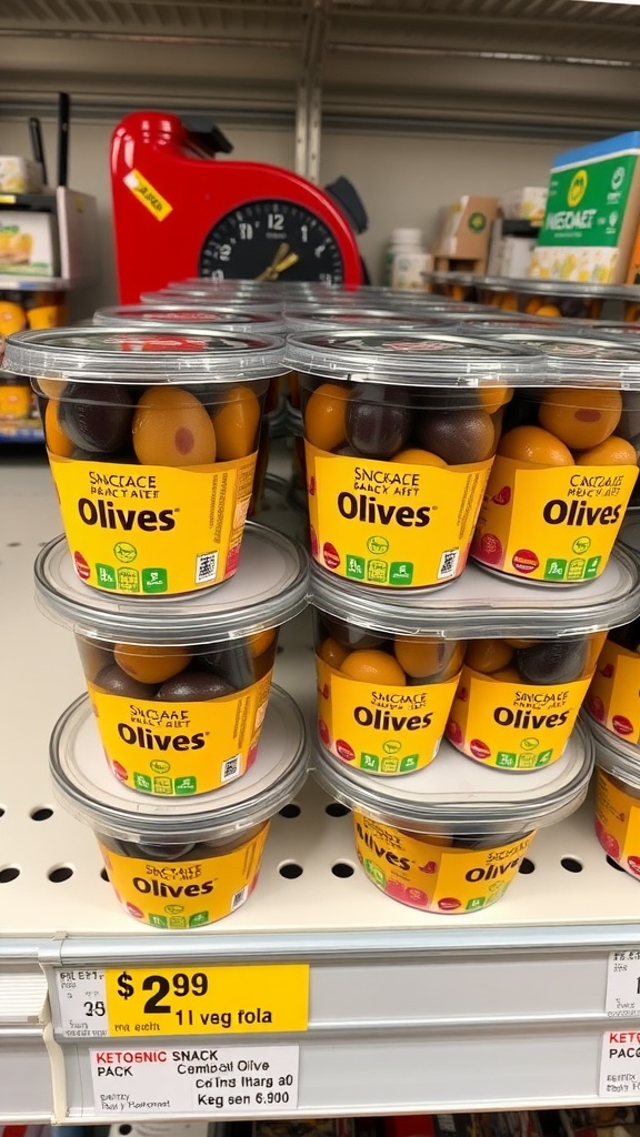 Display of snack cups containing olives, showcasing keto-friendly options.