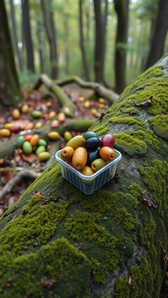 A variety pack of colorful olives sitting on a mossy log in a forest.