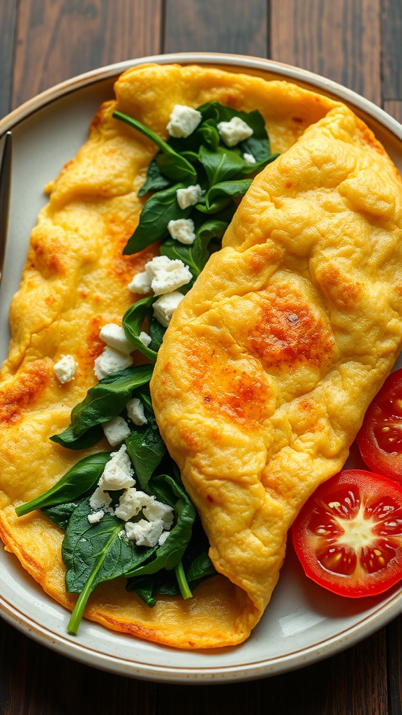 Omelette with spinach and feta on a plate with cherry tomatoes