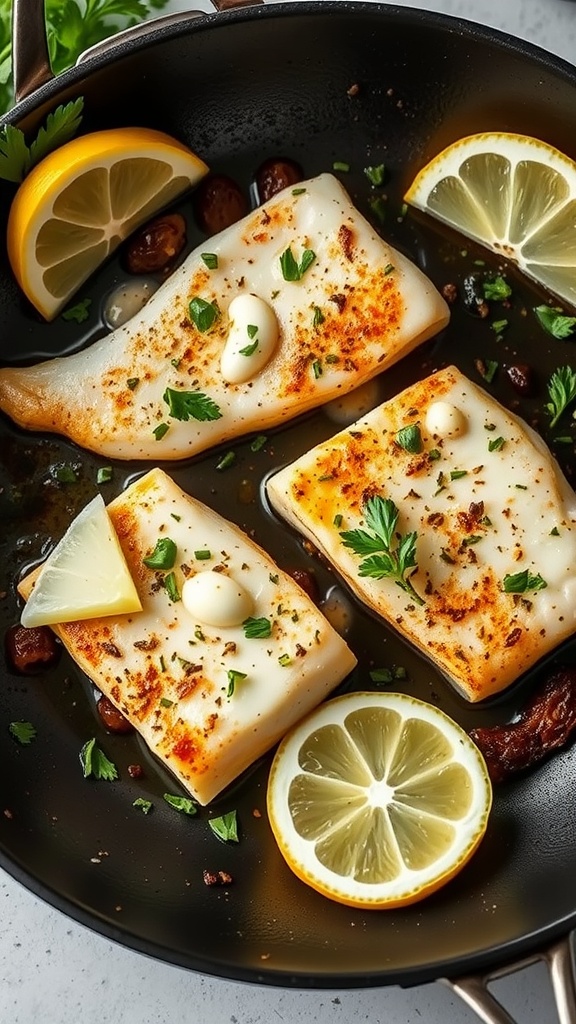 A skillet with cooked tilapia fillets garnished with lemon slices and fresh herbs.