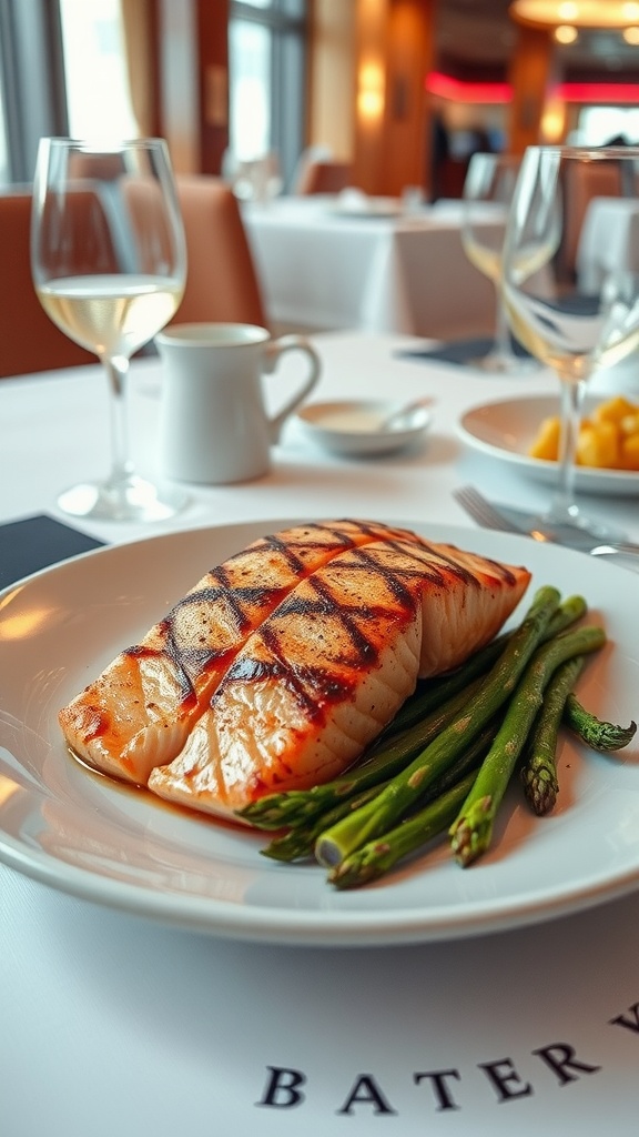 Grilled salmon with asparagus on a plate in a cruise ship dining setting.