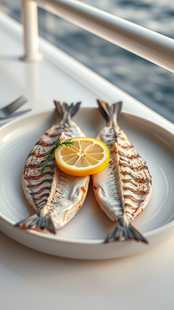 A plate of grilled fish with lemon slices, accompanied by a view of the ocean.