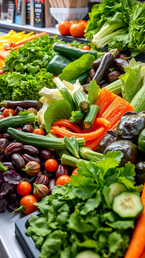A variety of fresh leafy greens and colorful vegetables displayed at a buffet.