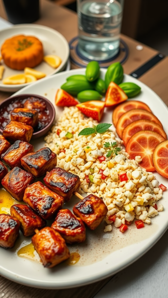 A vibrant platter of Middle Eastern dishes including grilled vegetables, cheese, and pita bread