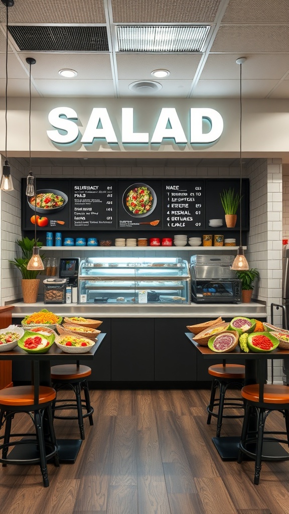 A vibrant salad bar displaying various salad options and ingredients in a fast casual setting.