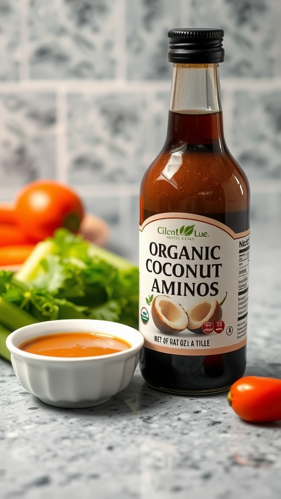 A bottle of Organic Coconut Aminos on a kitchen counter with vegetables.