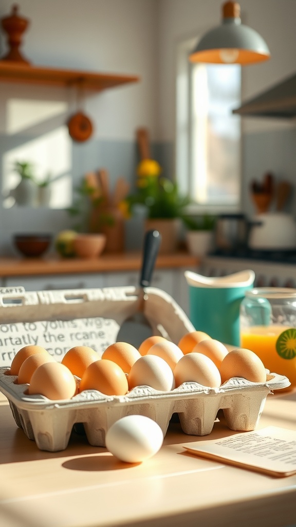 A carton of organic eggs on a kitchen counter with other kitchen items in the background.