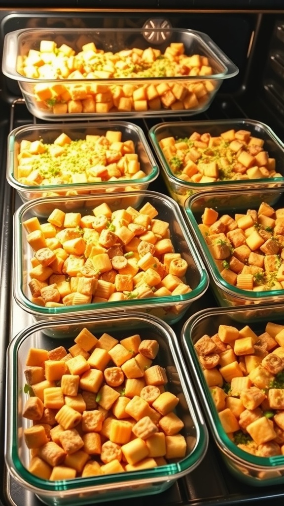 Oven safe glass meal prep containers filled with cubed food items, arranged in an oven.