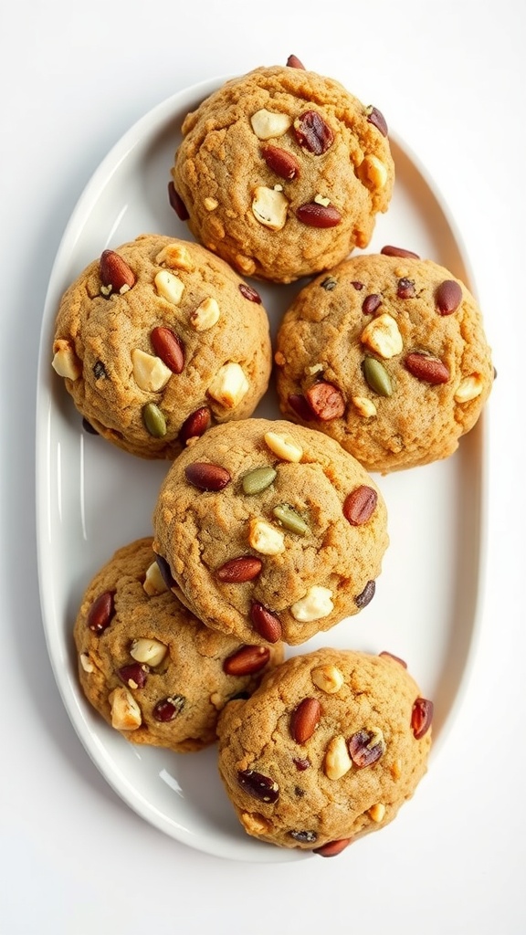 A plate of paleo breakfast cookies with nuts and seeds.