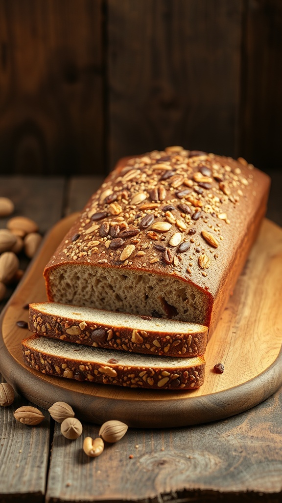A loaf of Paleo nut bread with slices on a wooden cutting board, surrounded by nuts.