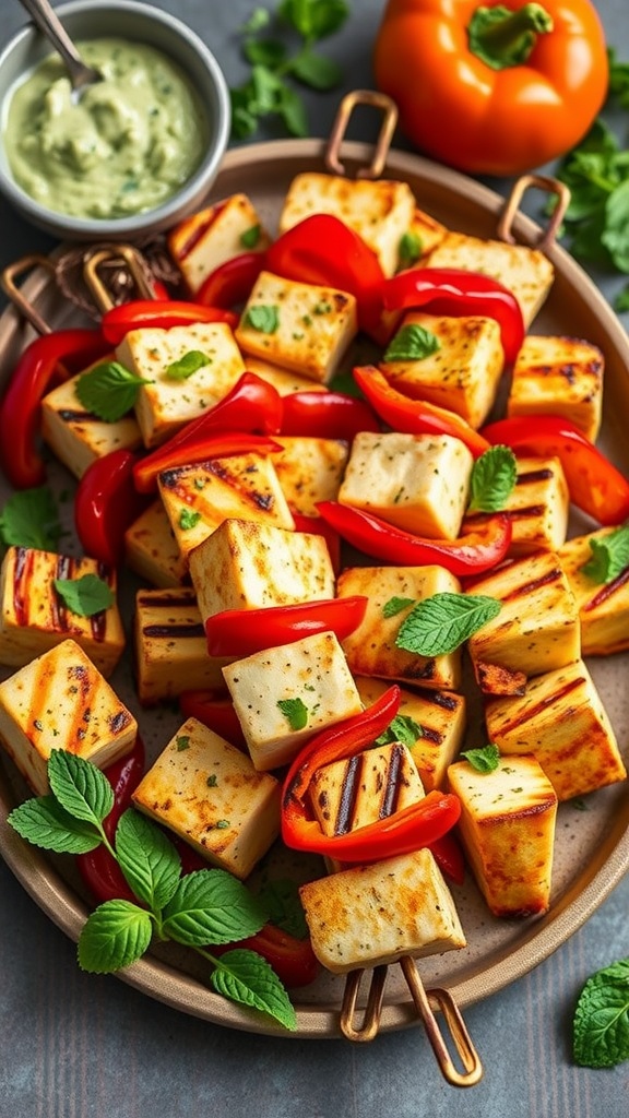 Grilled paneer tikka skewers garnished with red peppers and mint leaves