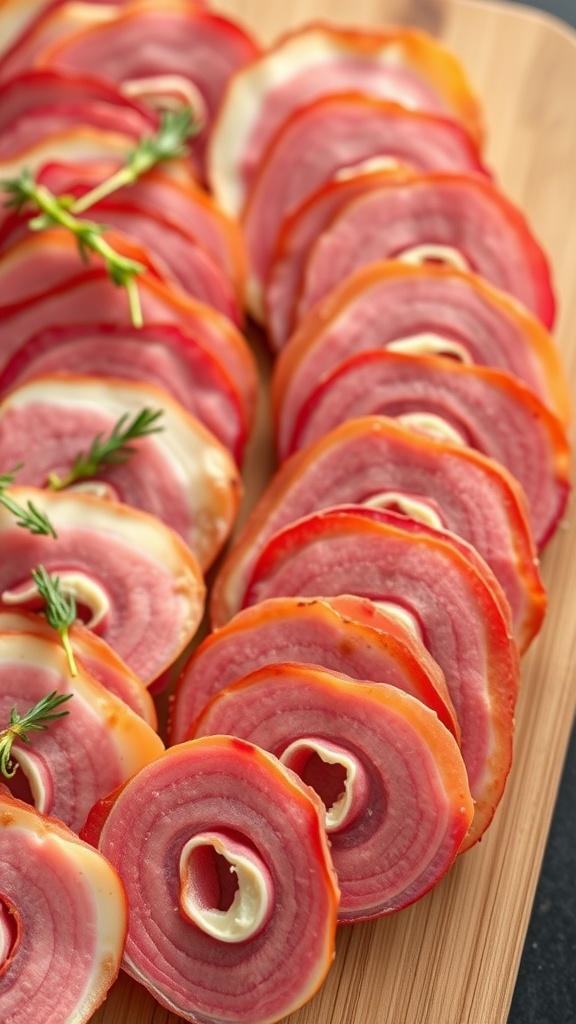 Sliced pastrami and Swiss cheese roll-ups arranged on a wooden platter