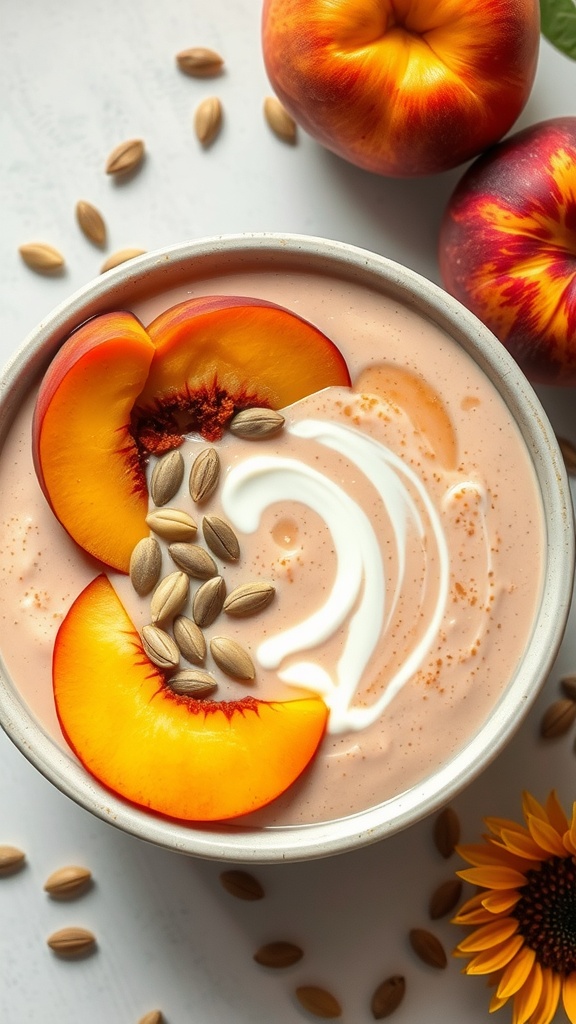 A peach smoothie bowl topped with peach slices and seeds