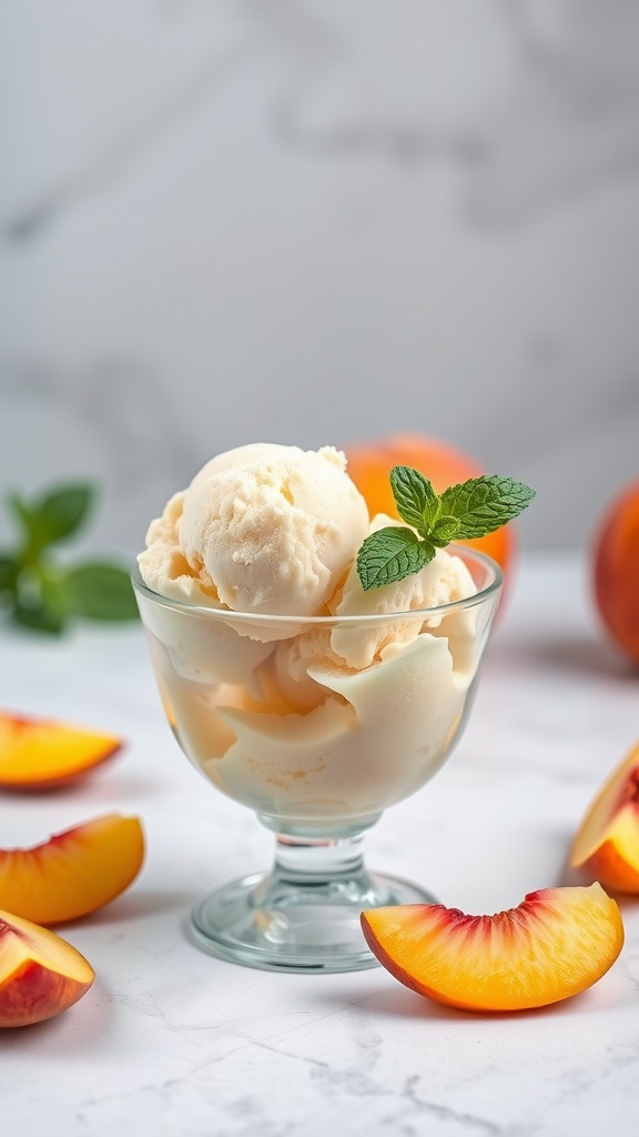 A bowl of peach ice cream garnished with mint leaves, surrounded by fresh peach slices.