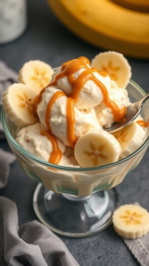 Peanut Butter Banana Nice Cream topped with banana slices and drizzle of peanut butter.