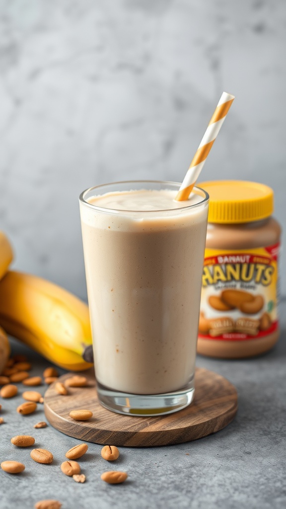 A glass of peanut butter banana smoothie on a wooden coaster, with bananas and peanut butter jar in the background.