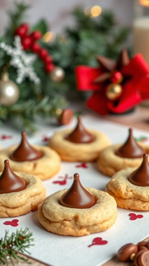 Peanut Butter Blossom Cookies with chocolate kisses, decorated for Christmas.