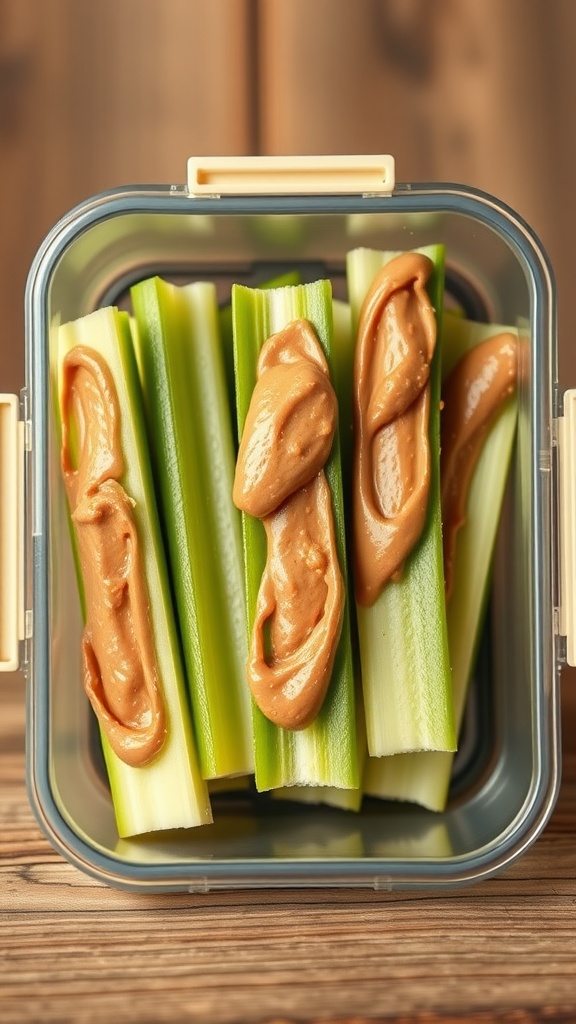 Celery sticks filled with peanut butter in a lunch container