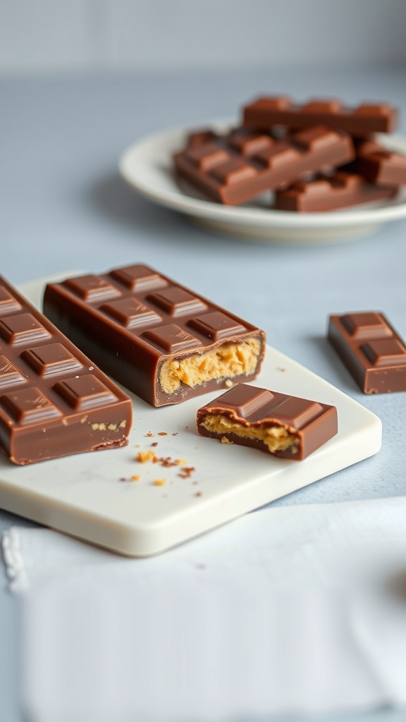 Peanut Butter Chocolate Bars on a marble plate with a bite taken out