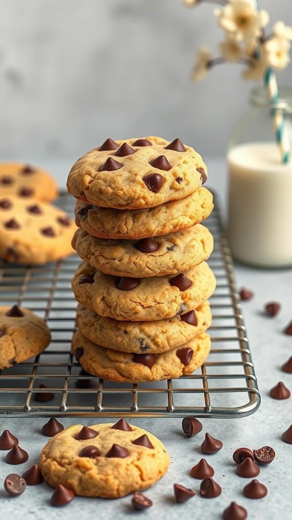 Stack of peanut butter chocolate chip cookies on a wire rack with chocolate chips scattered around.