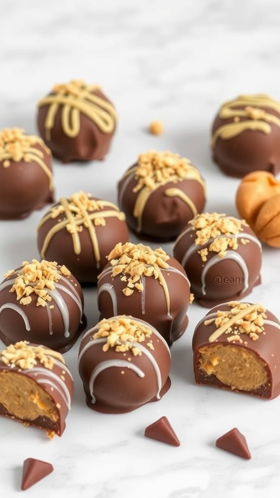 Delicious peanut butter chocolate fat bombs topped with crushed peanuts and drizzled with chocolate.