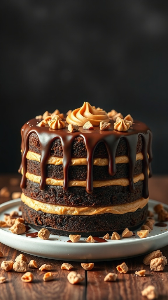 A rich peanut butter chocolate layer cake topped with chocolate ganache and decorated with swirls of peanut butter frosting and chopped nuts.