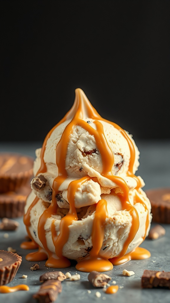 A towering scoop of peanut butter ice cream drizzled with caramel and surrounded by peanut butter cups.