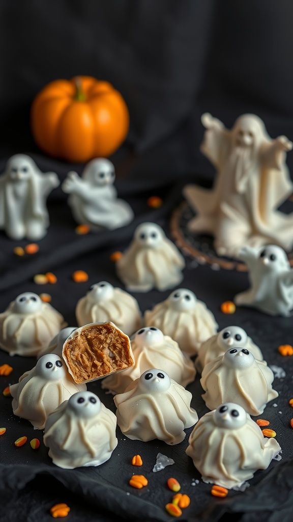 A collection of ghost-shaped peanut butter fat bombs with a bitten one in the foreground.