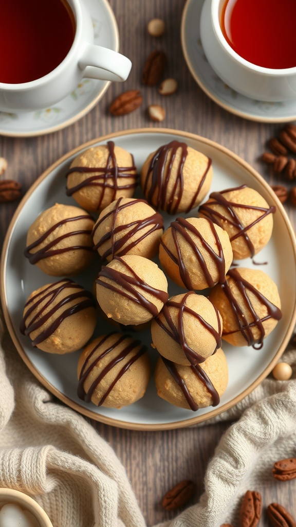 A plate of peanut butter fat bombs drizzled with chocolate, with cups of tea in the background.