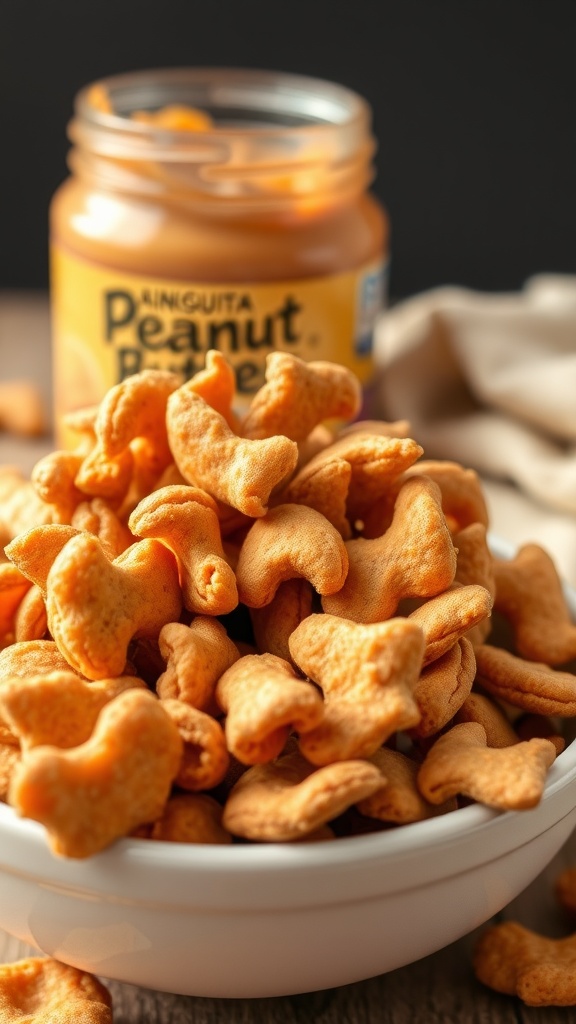 Bowl of peanut butter protein crisps with a jar of peanut butter in the background.