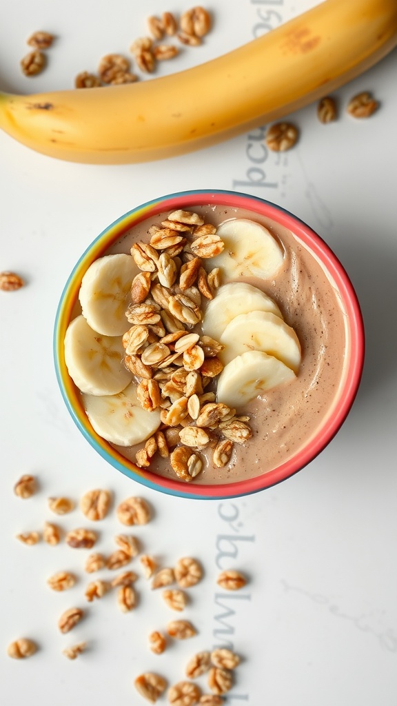 A colorful bowl of peanut butter smoothie topped with banana slices and granola, with a banana beside it.