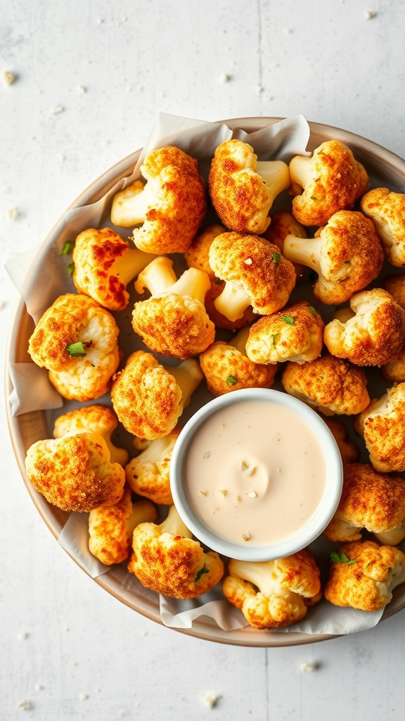 A bowl of golden brown, crispy cauliflower bites with a creamy dipping sauce.