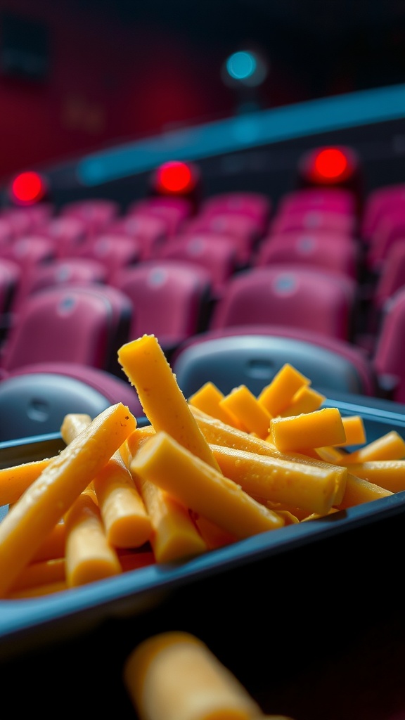 A close-up of pepper jack cheese sticks placed in a movie theater setting