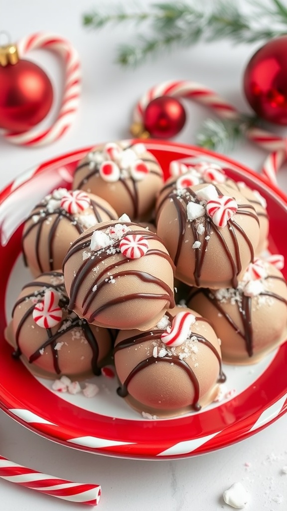 A plate of peppermint mocha fat bombs with festive decorations.