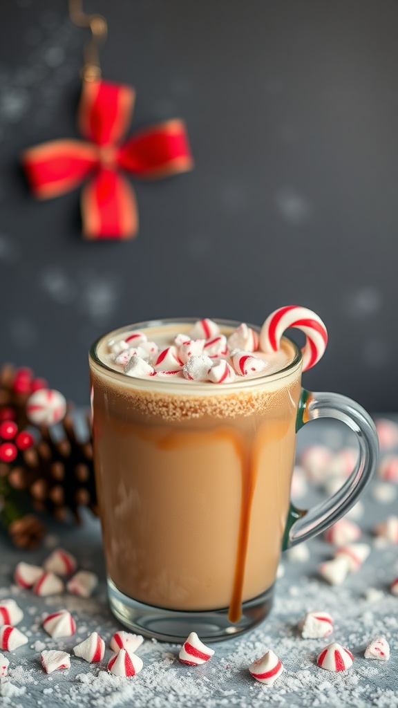 A cup of peppermint mocha keto coffee topped with whipped cream and mini marshmallows, surrounded by peppermint candies.