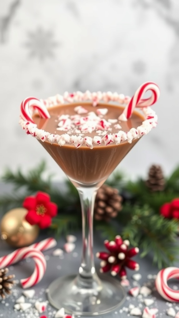 A Peppermint Mocha Martini decorated with candy canes and crushed peppermint on a festive table.