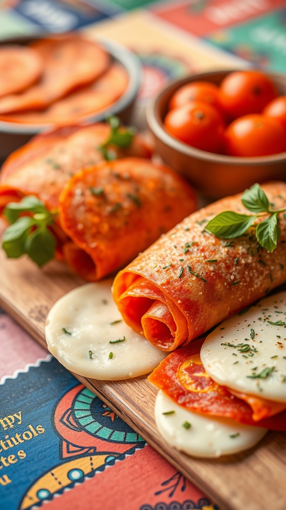 Pepperoni and cheese roll-ups arranged on a colorful table