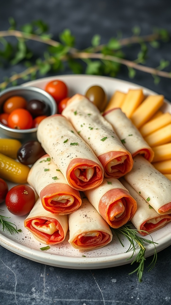 Plate of pepperoni and cheese roll-ups with cherry tomatoes and cheese slices.