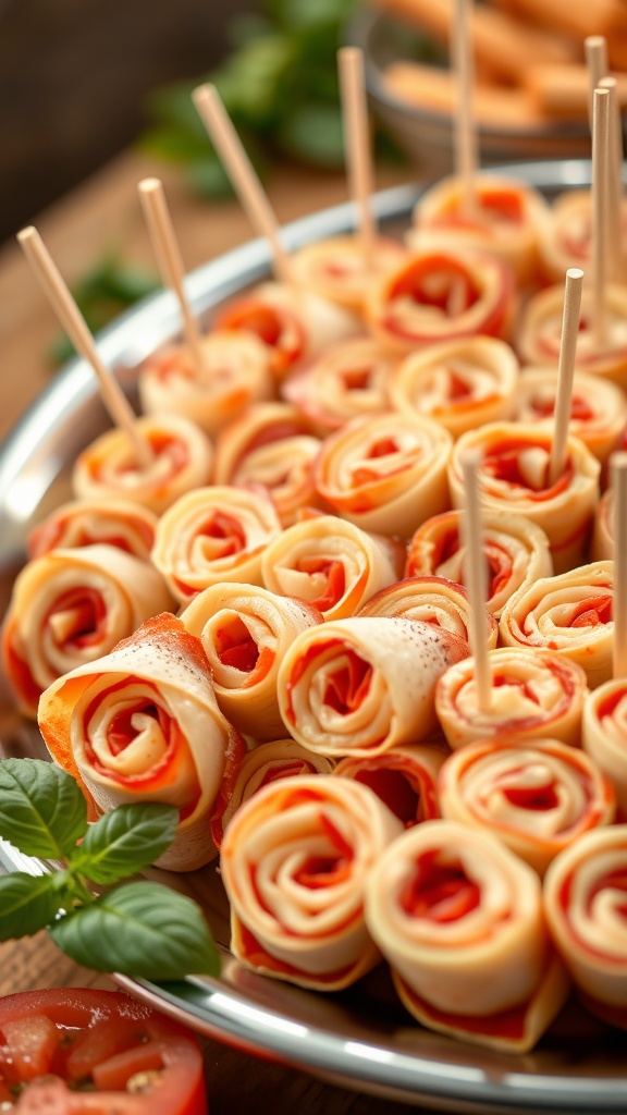 A platter of pepperoni and cheese roll-ups arranged neatly with toothpicks.