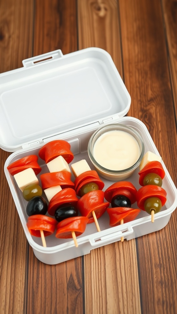 Pepperoni and cheese skewers in a lunch box with a dipping sauce