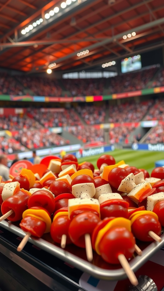 A platter of pepperoni and cheese skewers at a sports stadium.