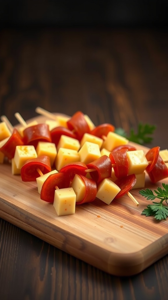 Skewers of pepperoni and cheese on a wooden cutting board