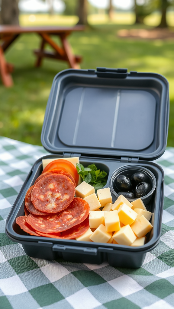 A snack pack containing pepperoni, cheese cubes, olives, and peppers.